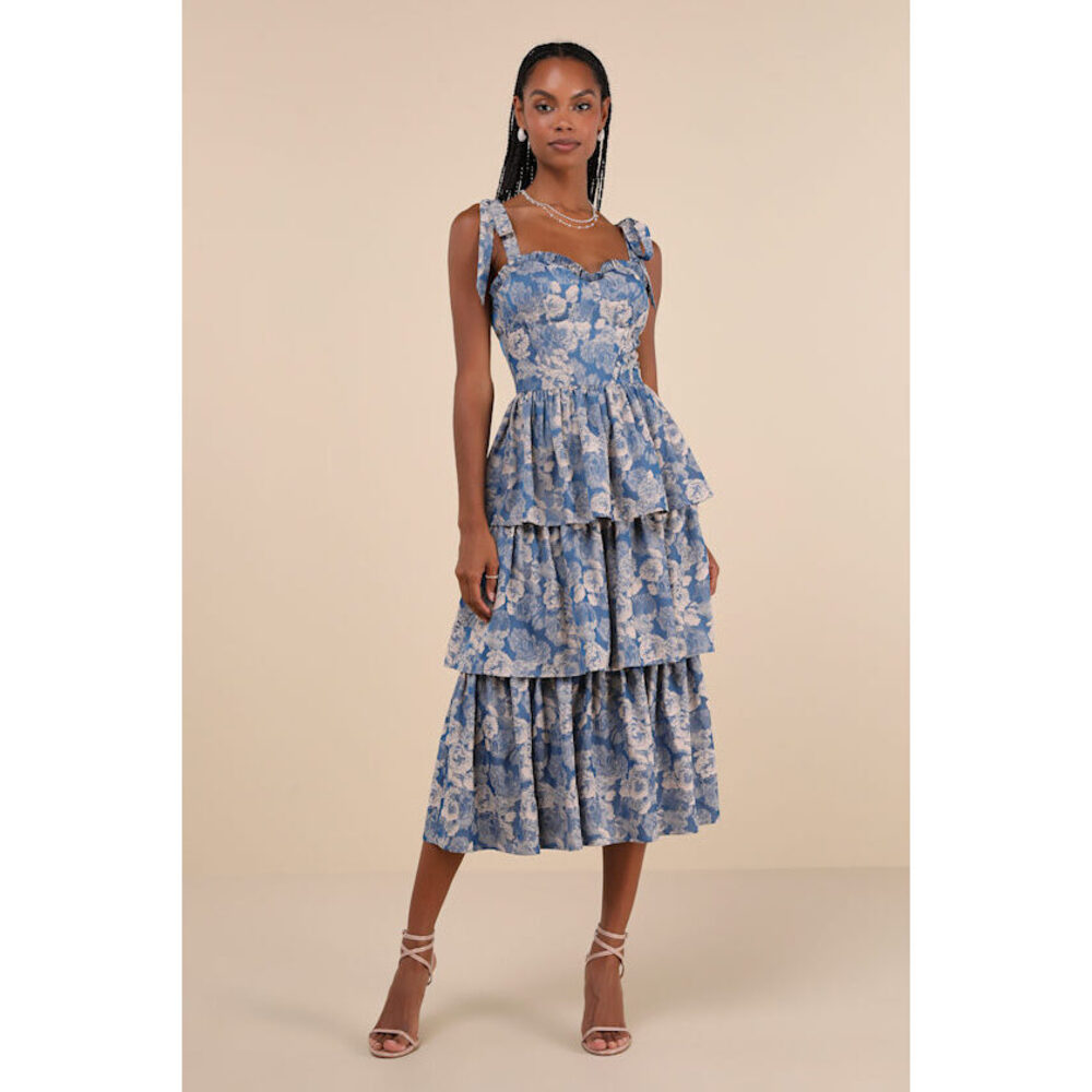 Lulus Lovely Bliss Blue Floral Jacquard Strapless Bustier Midi Dress - Size L